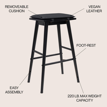 Peroni MidCentury Classic Saddle-Seat Solid Wood/Vegan Leather Backless Counter Stool with Removeable Cushion
